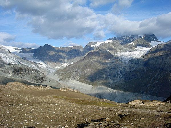 Blick über das Zmutt-Tal zum Wandfluehorn und Dent Blanche