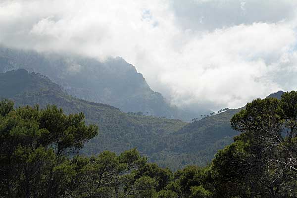 In den Bergen hängen die Wolken