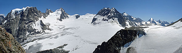 Blick von der Cabane des Vignettes zum Mont Collon, E'Lveque, Petit Mont Collon und Glacier d'Otemma