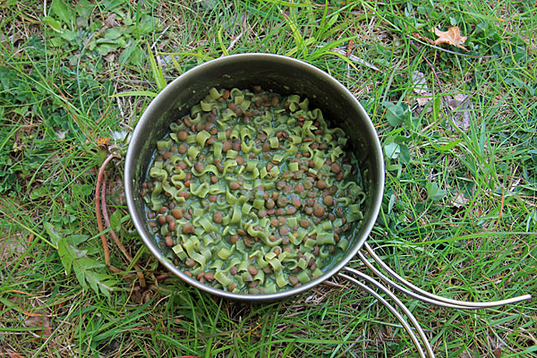 Linsen in Spinatsosse und Woknudeln